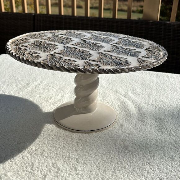 Vintage Cake Stand Studio B By Magenta Bloomingdales Glazed Pottery 12.5” X 6.5” - Picture 3 of 8